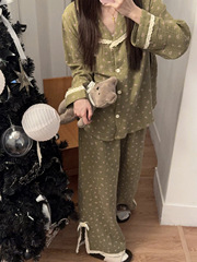 睡衣女款2025新款秋季棉质双层纱长袖套装春秋款复古风碎花家居服