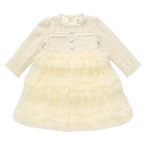  Spring/Autumn New Arrival Girls' Dress: Chic, Solid-Color Tiered Cake Skirt—Perfect for Formal Events, Featuring Elegant Sheer Fabric and a Princess-Like Design