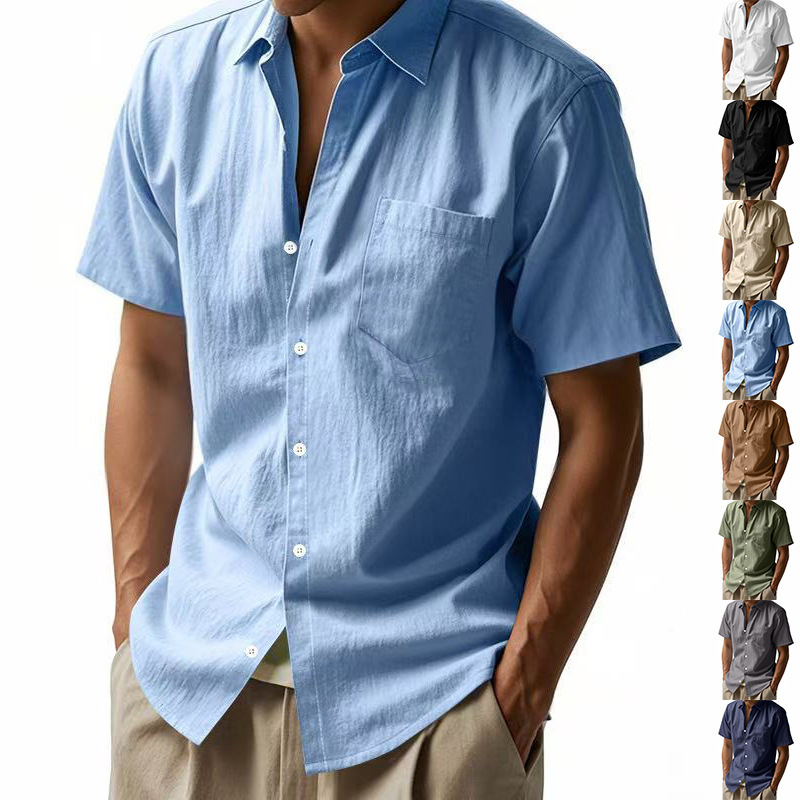 Chemise en lin uni neuve, manches courtes, col rabattu, coupe ample, décontractée, avec poches, style américain._voghion.com