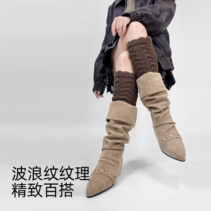 袜子女秋冬浮雕镂空复古重工高筒灰色堆堆袜保暖针织羊毛小腿袜|undefined