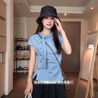 晨领【原版品质】法式不规则显瘦褶皱上衣高级感条纹飘带短袖衬衫