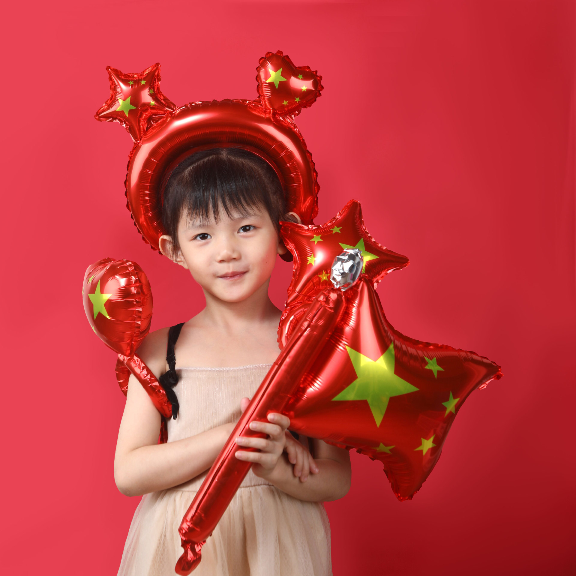 National Day decoration balloons five-pointed star heart flag handheld sticks shopping mall store classroom activity decoration props