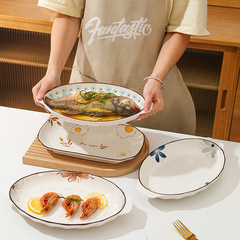 Wholesale Japanese-style tableware machine-printed underglaze porcelain plate 12.5 inches double-ear oval fish plate serving plate sushi plate