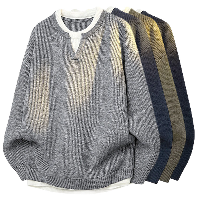 Explosiones transfronterizas de tamaño grande europeo falso dos piezas de costura camiseta de punto suéter hombre cuello V viejo viento otoño invierno fábrica al por mayor