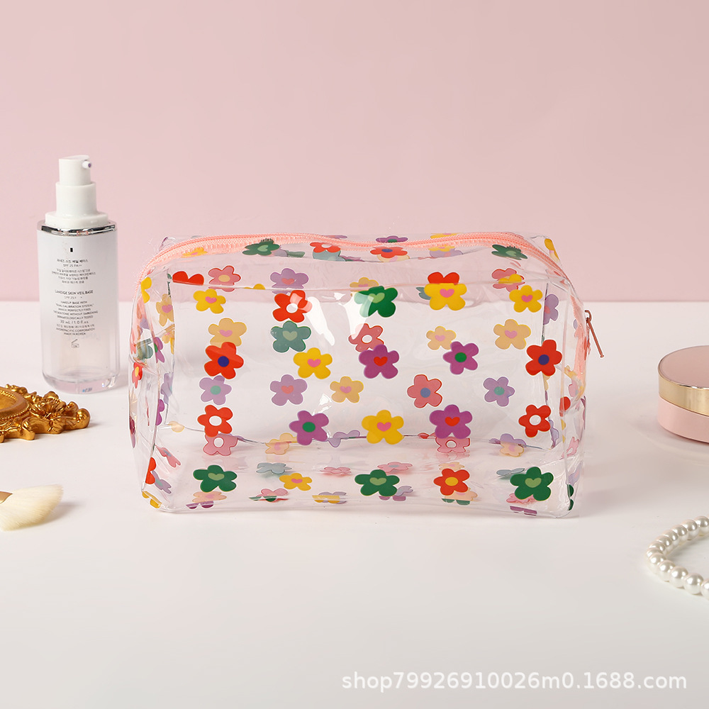 Korean Style Ins Style Color Flower Transparent Cosmetic Bag PVC Waterproof Toiletry Bag Large Capacity Portable Cosmetic Bag
