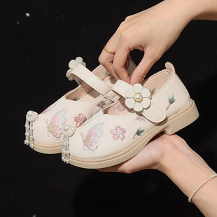 Hanfu Shoes Girls' Embroidered Shoes Children's Antique Ethnic Clothing National Style Little Girl's Princess Shoes Soft Sole Leather Shoes