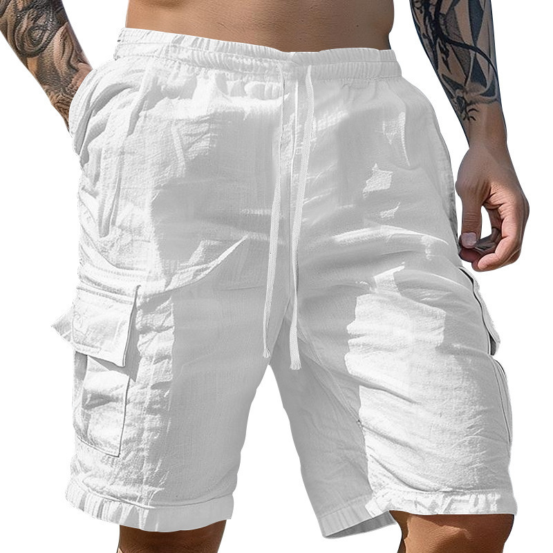 2026 Cotton and Linen Work Shorts with Drawstring Elastic Waist, Straight Legs, Multiple Pockets, Breathable Beach Casual Shorts 2026 Cotton and Linen Work Shorts with Drawstring Elastic Waist, Straight Legs, Multiple Pockets, Breathable Beach Casual Shorts