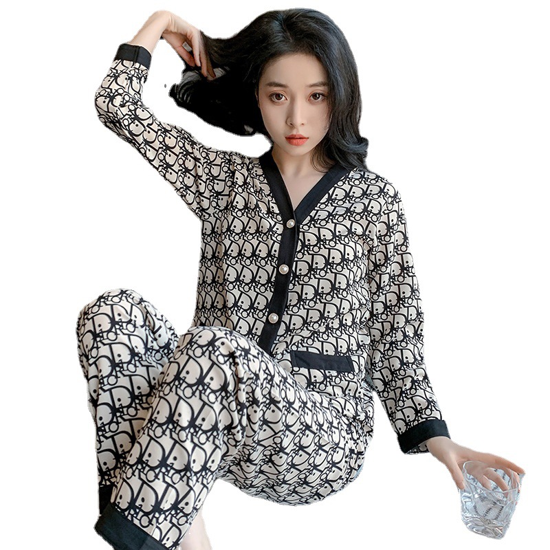 봄과 가을 파자마 여성용 아이스 실크 긴팔 바지 한 펑이나 가디건 인터넷 트렌디 홈 의류 투피스 의상 869