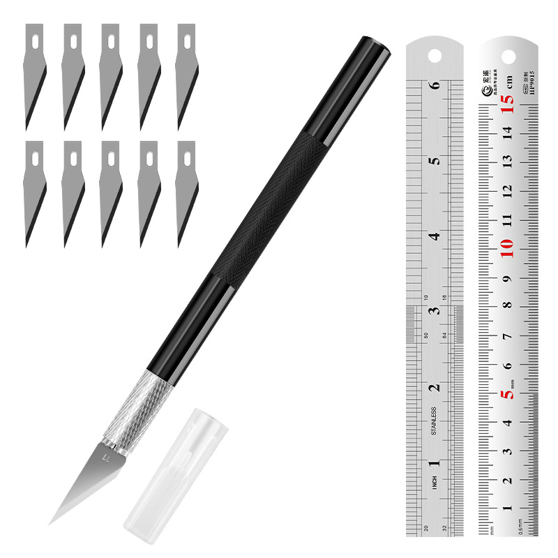 Juego de herramientas de tallado transfronterizo: cuchillo y regla de acero, cuchillo para manualidades con kit de cuchillas, regla de acero inoxidable de 15 cm para uso en bricolaje.