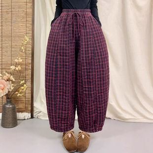 2024 Winter Korean Style Loose Retro Staggered Waist Plaid Fried Color Old Cotton Pumpkin Pants All-match Warm Cotton Pants for Women