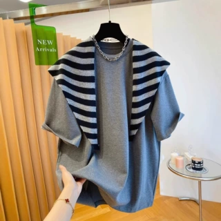 240斤披肩德绒短袖t恤女装2026新款宽松欧货洋气早秋两件套上衣潮