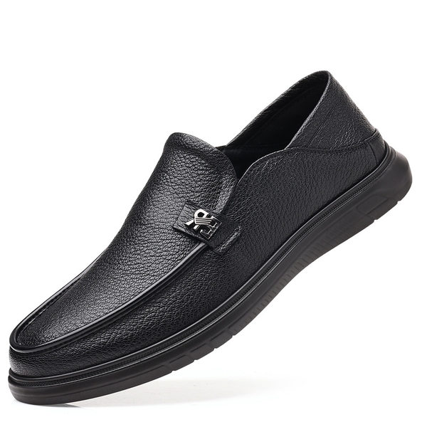 Giày lười nam da cừu mềm kiểu mới, giày slip-on đế bệt mũi tròn thoáng khí — Màu đen