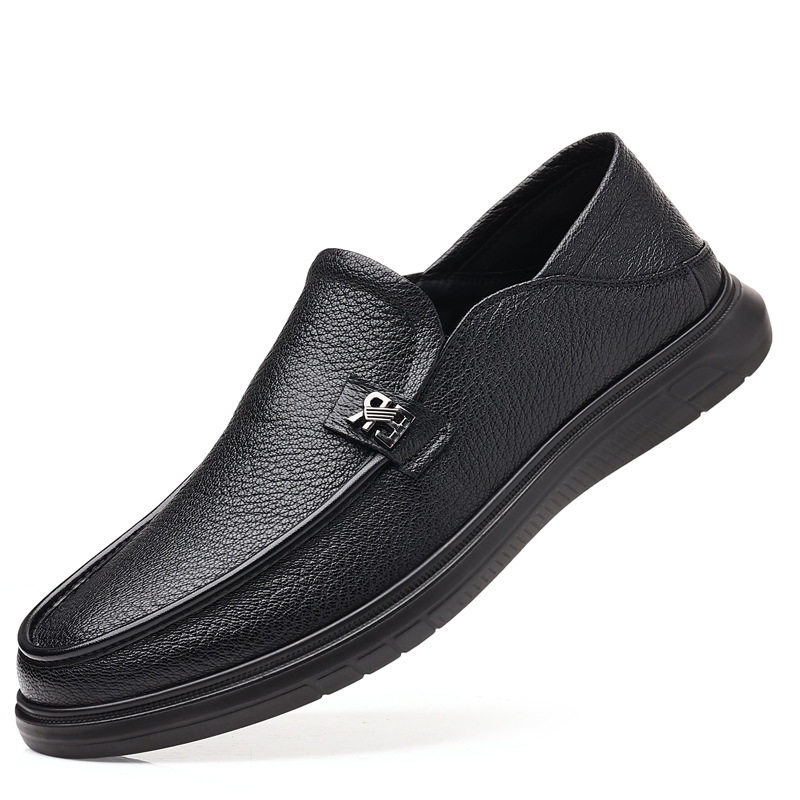 Giày lười nam da cừu mềm kiểu mới, giày slip-on đế bệt mũi tròn thoáng khí — Màu đen