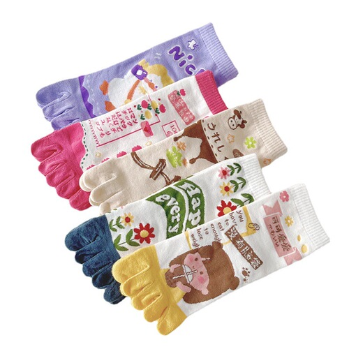 Five-toed socks for women spring and summer cotton socks cartoon cute split toes breathable sweat-absorbent anti-athlete socks mid-tube socks