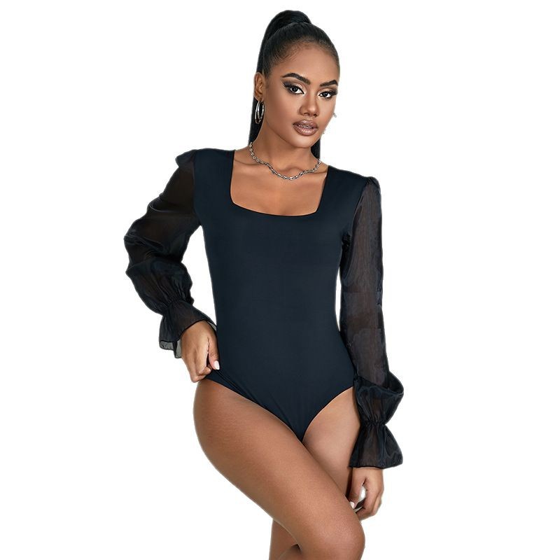 Explosiones transfronterizas de ropa de mujer de color sólido delgada estilo callejero cuello cuadrado malla de manga larga sin desprender camisa de 200 jin