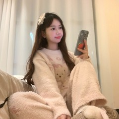 【晚安熊】可爱小熊针织半边绒睡衣秋冬女加厚保暖套装少女家居服