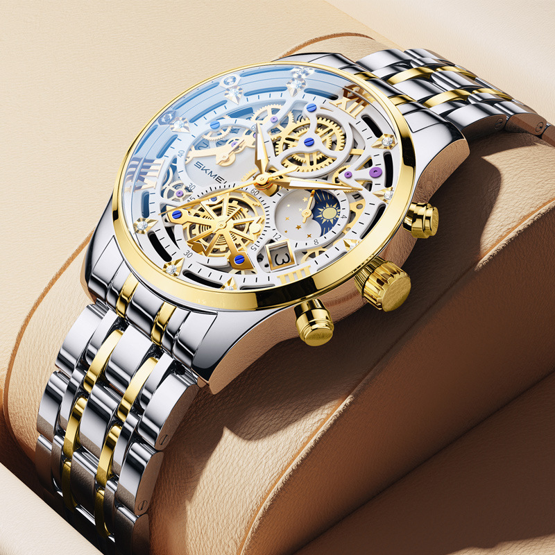 Men's Watch with Carved Hollow Design, Fake Mechanical Watch, Men's Steel Band Quartz Watch, Cross-Border Business Quartz Watch