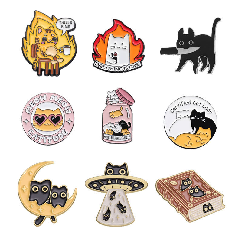 Set of 9 Cat Bottles, Metal Badges, Brooches, Clothing Accessories, Collar Pins, Factory Wholesale Clothing Collar Pins, Medal