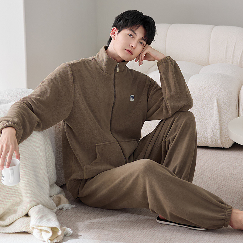 Winter Polar Fleece Warm Men's Long-Sleeved Pants Zipper Home Clothes Thickeneded Coral Velvet Light Sports Style Suit