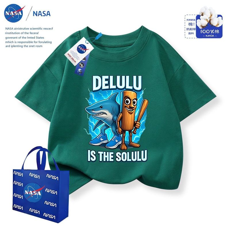 NASA 抽象木根兄弟とサメ外国山海経男の子純綿中大型子供用半袖トップス服|undefined