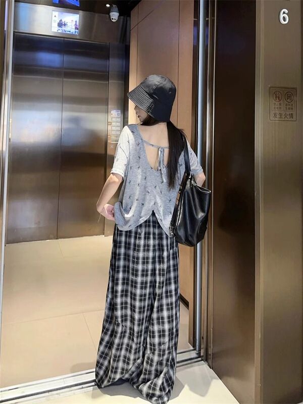 纯棉2025慵懒风套装短袖宽松T恤搭配休闲高腰格纹阔腿长裤两件套|undefined