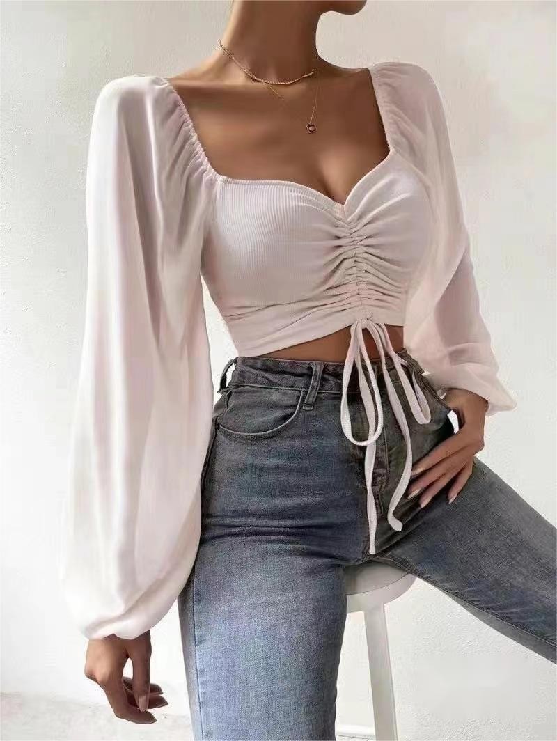 New Style Pit Stripe Chiffon Drawstring Lantern Sleeve Tight Fashion Women's Tops Shirt_senzul.com