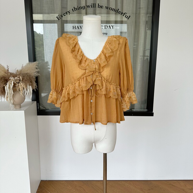Lyocell Ruffled Collar Puff Sleeve Shirt for Women, Summer Design Lace Trim Top, Orange, One Size