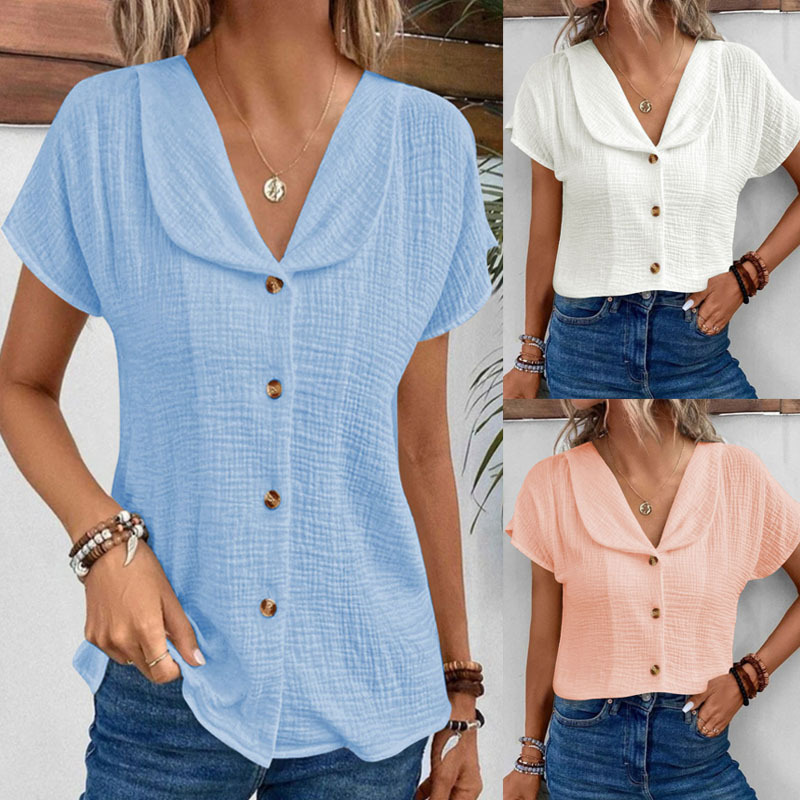 Aliexpress Foreign Trade Cross-Border Large Size Simple Style White Short-Sleeved Shirt Summer Lapel Single-Breasted Cardigan Top