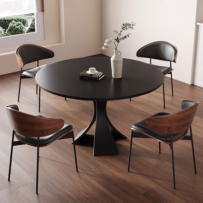 Mesa de comedor delgada redonda de madera maciza retro ligera francesa 2025 nueva placa de roca negra de gama alta crema estilo medio americano