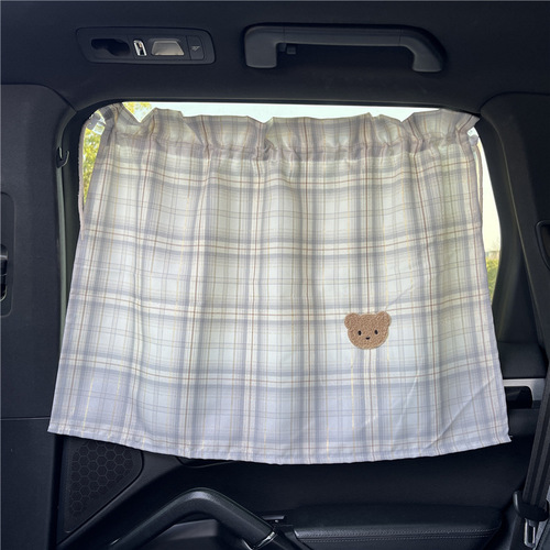 Cartoon car sunshade, plaid bear car suction cup sunshade, sun protection and heat insulation children's car curtain
