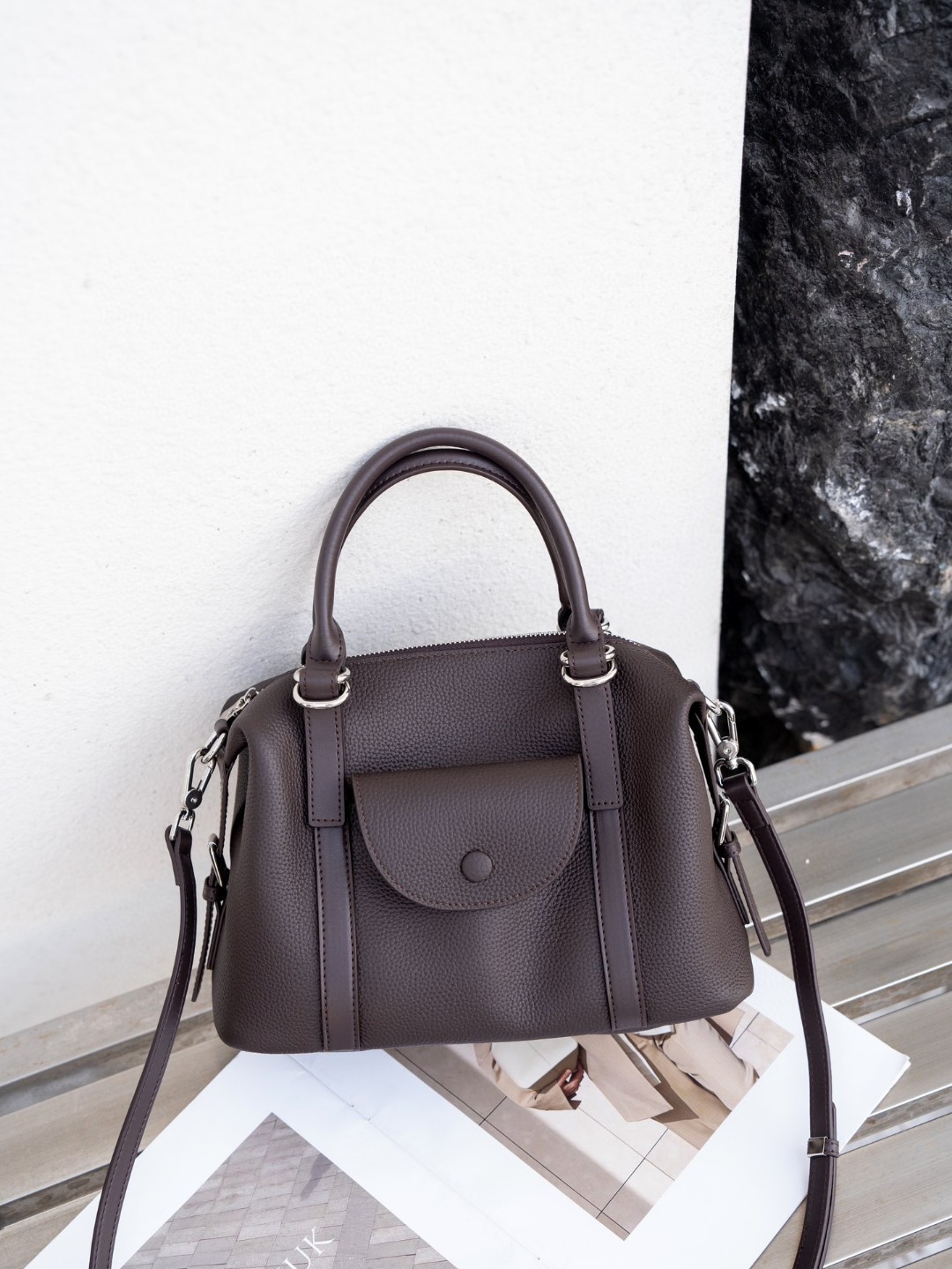 Cross-Border Simple Retro Women's Genuine Leather Handbag Boston Bag Work Commuter Versatile Shoulder Bag Crossbody Bag - Thumbnail 6