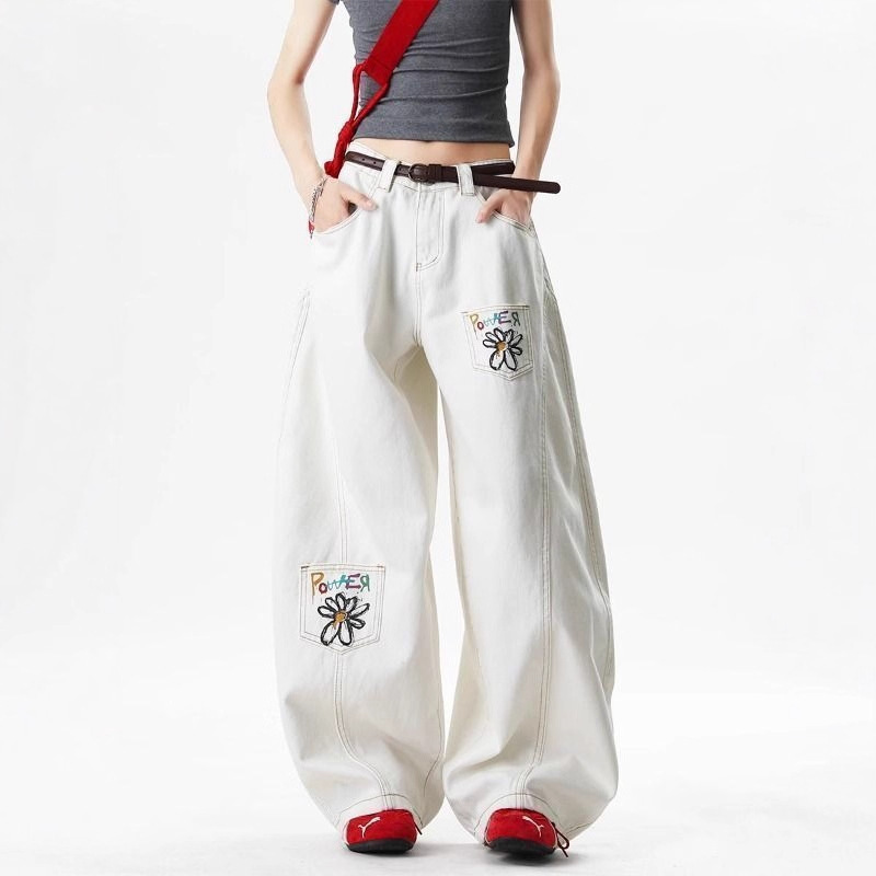 American Daisy Print Scimitar Jeans for Women 2025 Summer Design White Wide-Leg Straight Cargo Pants