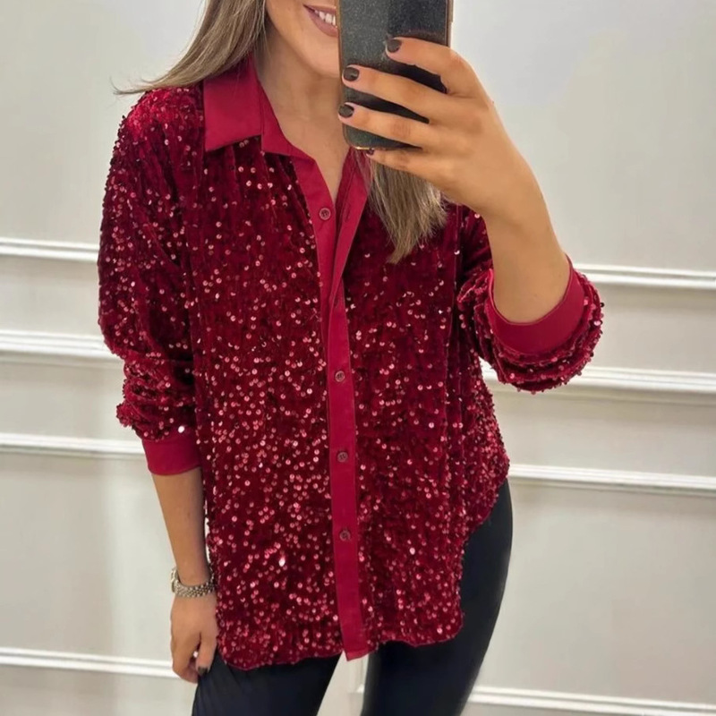2024 New Amazon Independent Station Direct Holiday Party Single-breasted Sequin Long-sleeved Shirt for Women