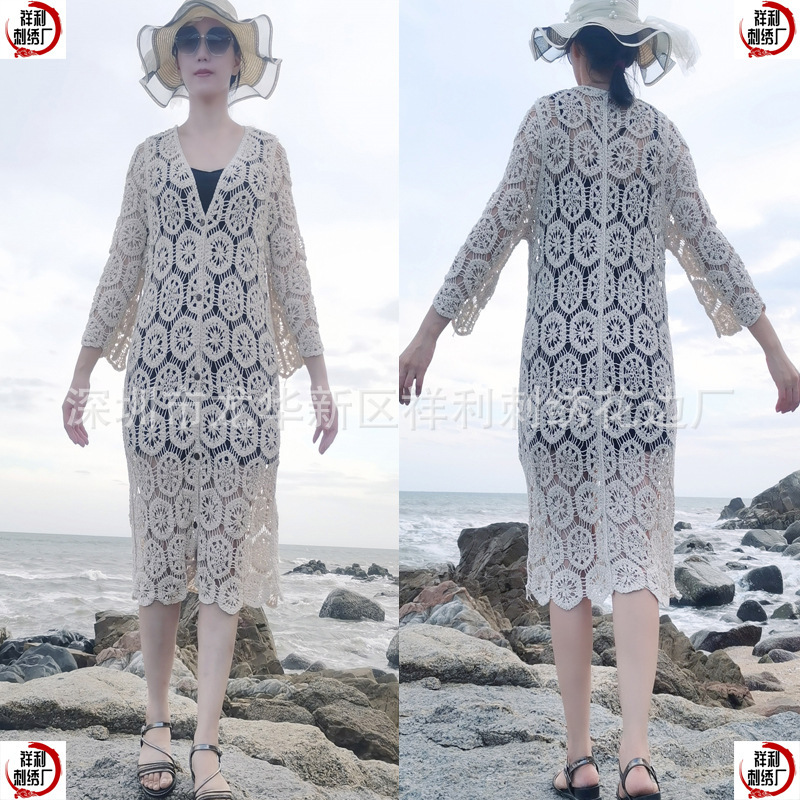 Bohemian Style Women's Knitted Button Outer Shirt Dress Heavy-Industry Hooked Vintage Long Beach Blouse Bohemian Style Women's Knitted Button Outer Shirt Dress Heavy-Industry Hooked Vintage Long Beach Blouse