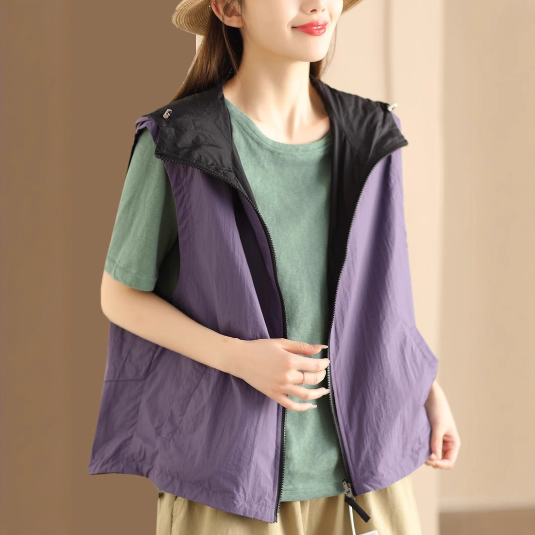 Jian Meng Reversible Vest 2025 Summer New Style Sleeveless Hooded Contrasting Color Top Women's Fashion Loose Vest