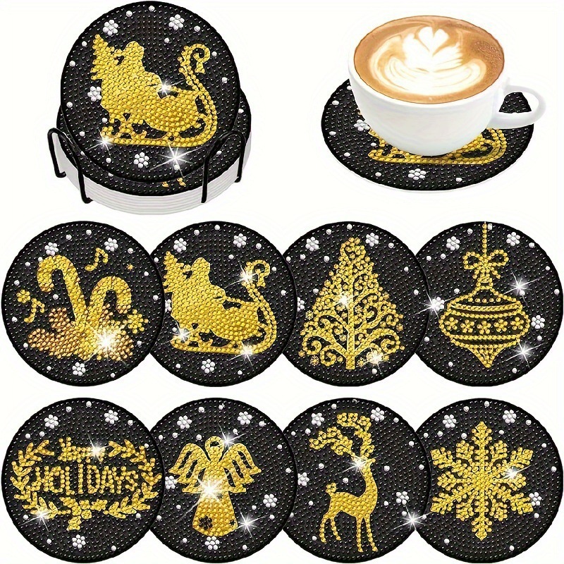 Ventas transfronterizas calientes de 8 piezas de conjunto de cojín de taza de arte de diamante, con soporte, pequeño conjunto de pintura de diamante, adecuado para adultos