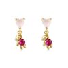 Cute fuchsia zirconium, earrings, silver needle heart-shaped, with little bears, silver 925 sample