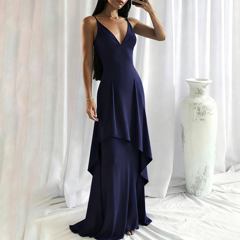 2025 Cross-Border New Style Deep V Suspender Double-Layered Floor-Length Dress Evening Party Slim Long Dress