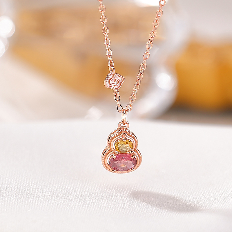Dây chuyền bạc S925 mạ vàng hồng mặt đá tourmaline hình hồ lô phong cách tân trung hoa — Dây chuyền (màu tourmaline ngẫu nhiên)