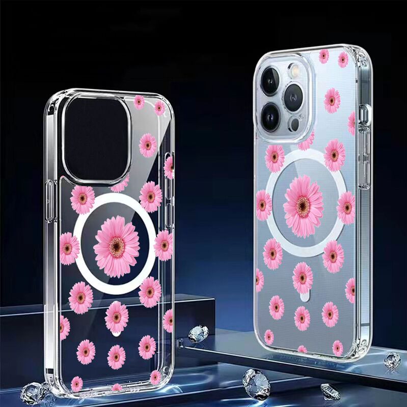 Pink Daisy Magnetic Suitable for Apple Iphone15/16/17Promax Transparent All-Inclusive 16 Mobile Phone Protective Case
