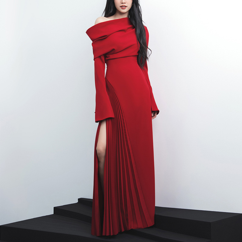 Red, sophisticated, elegant, off-the-shoulder, new spring/autumn long flared sleeve pleated slit dress for women.