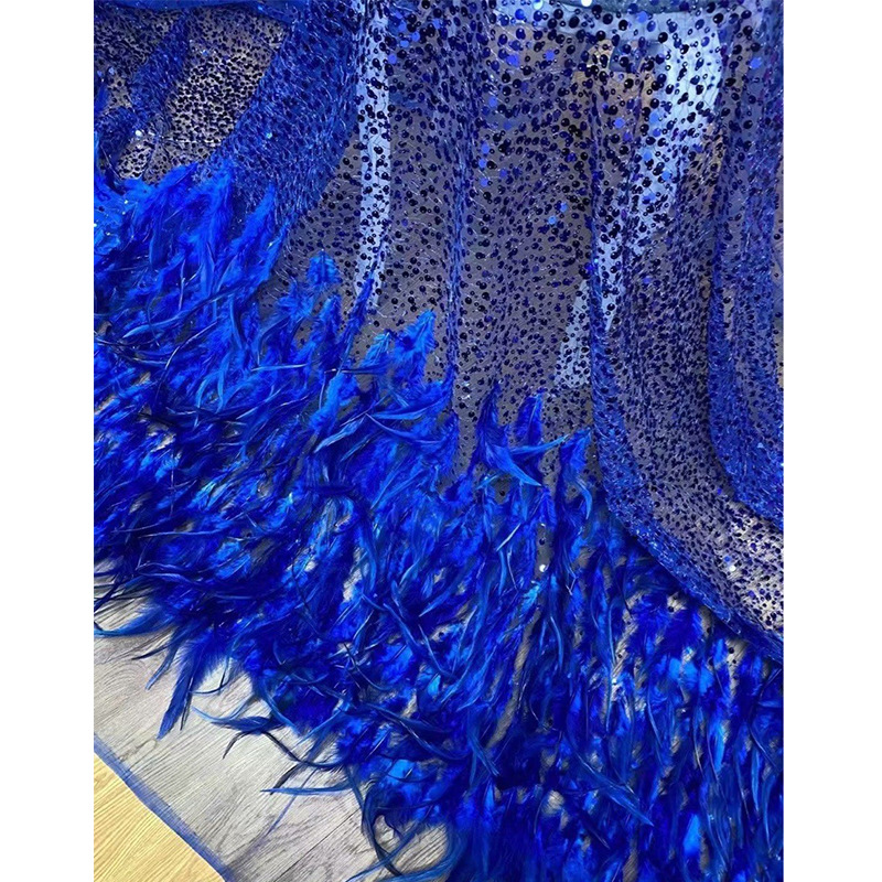 Vestido de lentejuelas con fino estampado floral, estilo europeo y americano, vestido de lentejuelas azules con bordado de plumas, tela con bordado tridimensional.