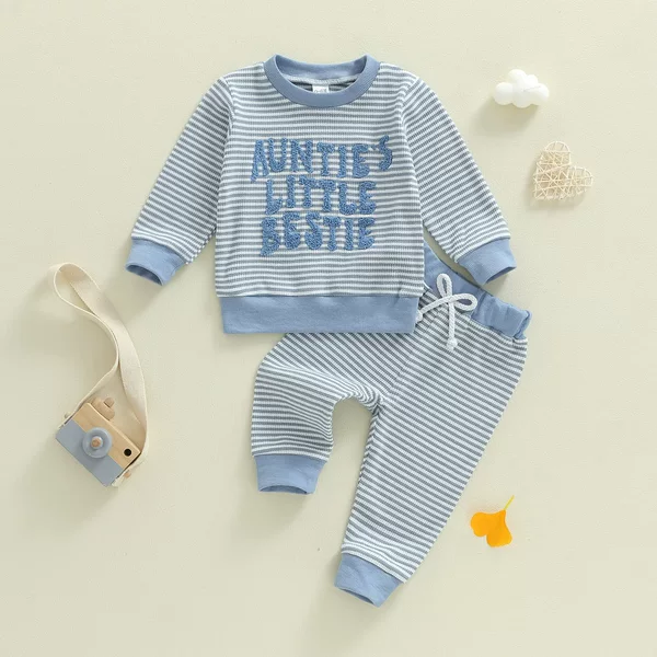 Amazon Cross-Border Infant and Toddler Sports and Leisure Striped Waffle Letter Embroidered Long-Sleeved Sweatshirt and Pants Two-Piece Set