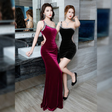 生日会晚宴性感吊带裙女红色名媛开叉裙显瘦丝绒气质长裙晚礼服