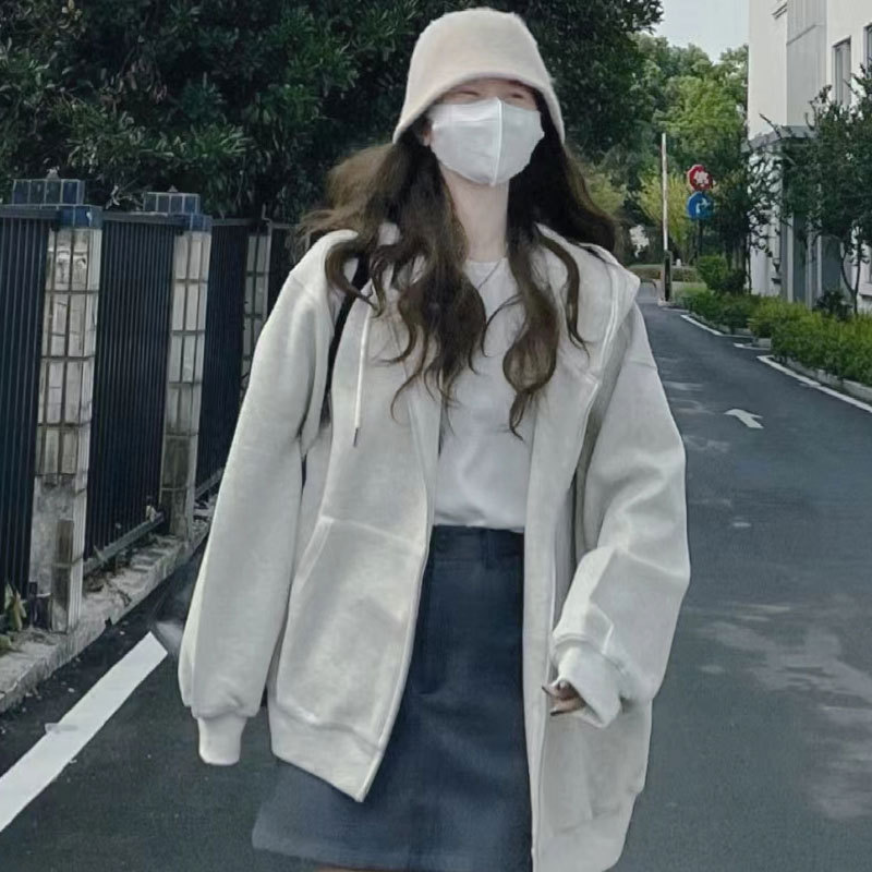 连帽卫衣女春秋oversize薄款拉链开衫外套宽松韩系慵懒chic风上衣|undefined