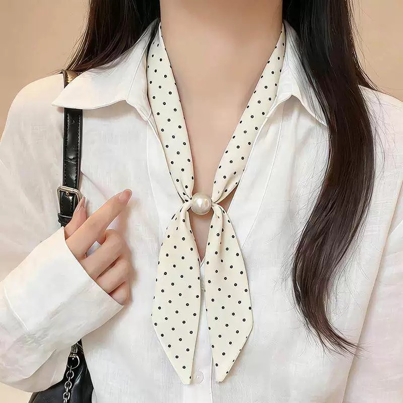38# off-white polka dot pull-out pearl silk scarf-140cm
