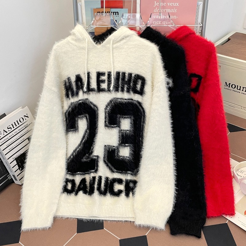 American retro letras Jacquard diseño sensación de suéter encapuchado para hombres y mujeres otoño y invierno nuevo suéter de punto relajado casual versátil