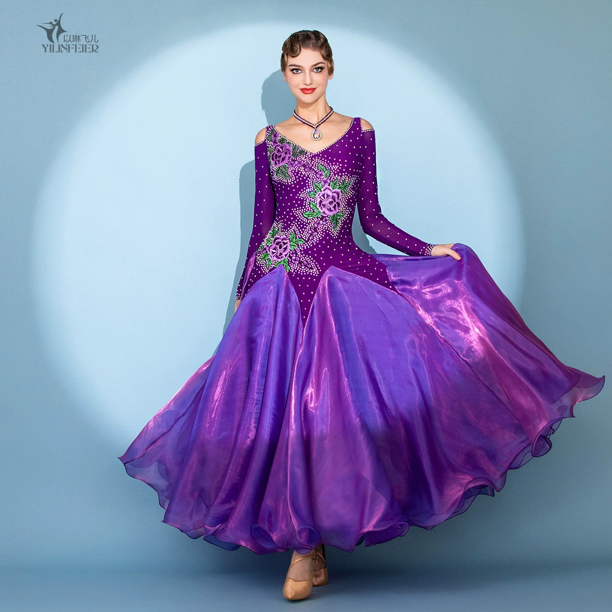 Современный фантомный фиолетовый! Благородный фиолетовый костюм для выступлений, инкрустированный бриллиантами S7108, костюм для выступлений в бальных танцах, юбка для вальса