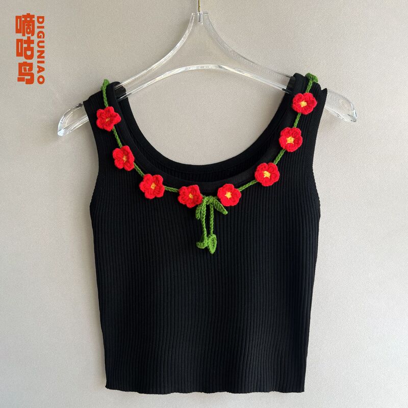Original Design, Hand-Crocheted Red Floral Top, Short Waist-Revealing Camisole, Slimming Black Knit Original Design, Hand-Crocheted Red Floral Top, Short Waist-Revealing Camisole, Slimming Black Knit