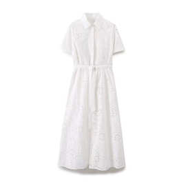 跨境欧美春新款时尚翻领短袖纯白色刺绣衬衫连衣裙女2614271